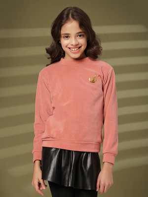 Albion Solid Round Neck Casual Girls Pink Sweater