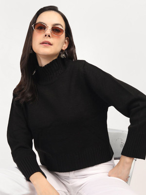 CHKOKKO Self Design High Neck Casual Women Black Sweater