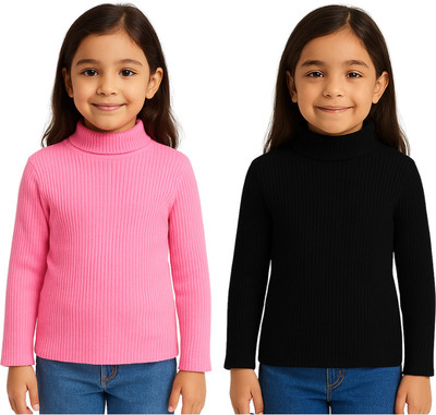 Chiclift Solid High Neck Casual Baby Girls Pink, Black Sweater