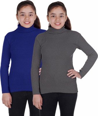 100LUCK Self Design High Neck Casual Boys & Girls Grey, Dark Blue Sweater