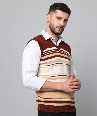 WILLEY Striped V Neck Casual Men Brown Sweater