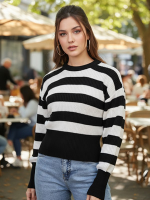 CHKOKKO Striped Round Neck Casual Women Black, White Sweater
