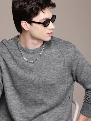 WROGN Solid Round Neck Casual Men Grey Sweater