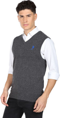 U.S. POLO ASSN. Solid V Neck Casual Men Grey Sweater