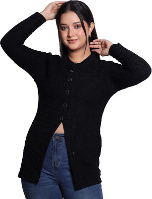 Varenyam Self Design Ruffle Neck Casual Women Black Sweater
