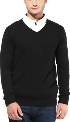 Super Weston Trend Self Design V Neck Casual Men Black Sweater