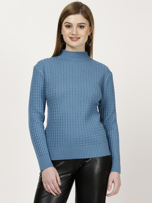 FUTURO Solid High Neck Casual Women Dark Blue Sweater