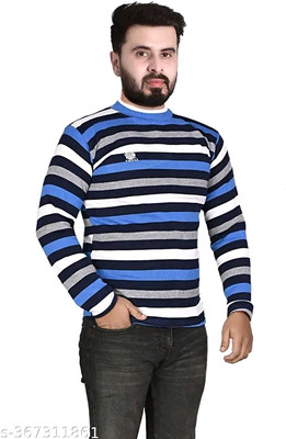 Marc Laurent Striped Round Neck Casual Men Blue Sweater
