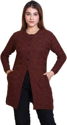 Winter knit Self Design Round Neck Casual Women Brown Sweater