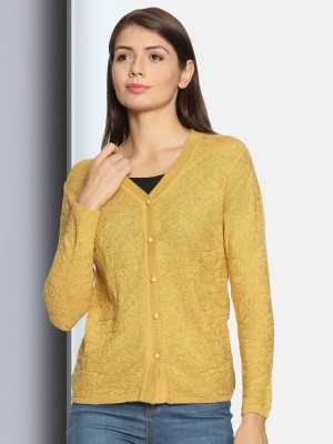 CLAPTON Self Design V Neck Casual Women Yellow Sweater