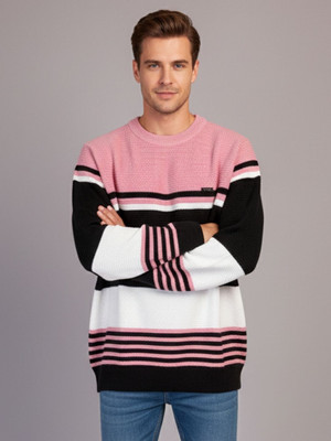 WAY TO TRENDY Striped Round Neck Casual Men Pink Sweater