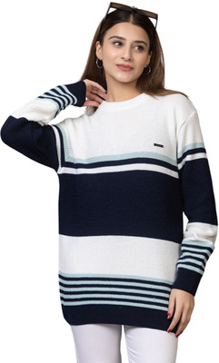 WAY TO TRENDY Striped Round Neck Casual Women Dark Blue Sweater