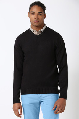 PETER ENGLAND Solid V Neck Casual Men Black Sweater