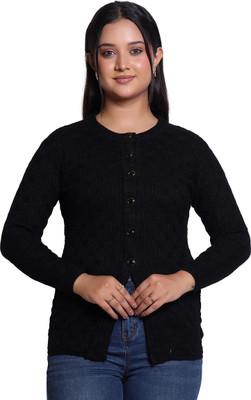 Varenyam Self Design Ruffle Neck Casual Women Black Sweater