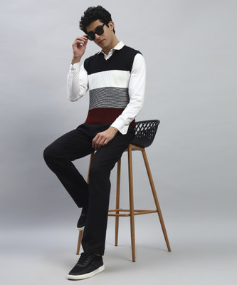 SILVANUS Colorblock V Neck Casual Men Black Sweater