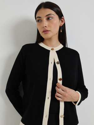 FableStreet Colorblock Round Neck Casual Women Black Sweater
