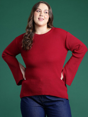 DressBerry Curve Solid Round Neck Casual Women Red Sweater