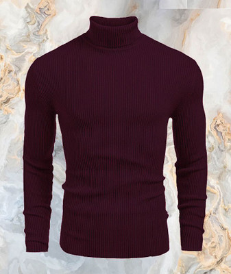 Cat Bunny Self Design High Neck Casual Men Maroon Sweater