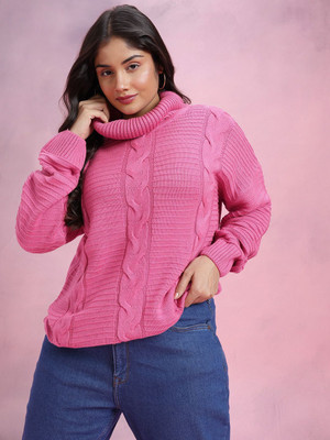 DressBerry Curve Self Design Turtle Neck Casual Women Pink Sweater