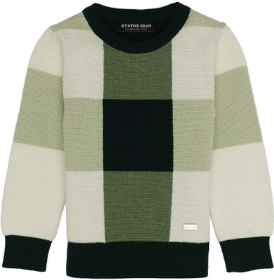 Status Quo Checkered Round Neck Casual Boys Green Sweater