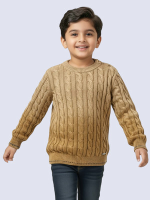 Yellow Apple Self Design Round Neck Casual Baby Boys Beige Sweater