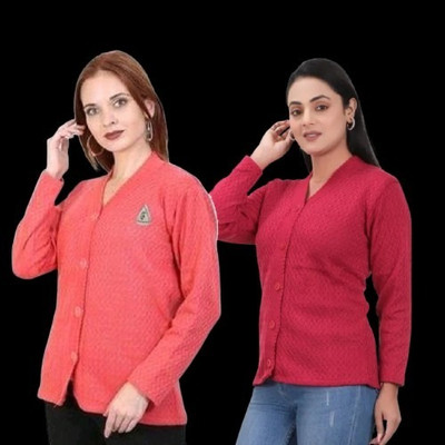 LUXURIOUS DESIGN Self Design V Neck Casual Women Maroon, Pink Sweater