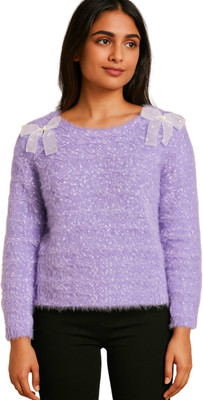 mystify Self Design Crew Neck Casual Women Purple Sweater
