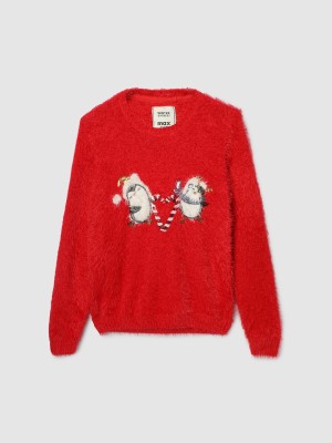 MAX Solid Round Neck Casual Girls Red Sweater