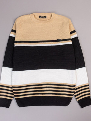 WAY TO TRENDY Striped Round Neck Casual Men Beige Sweater