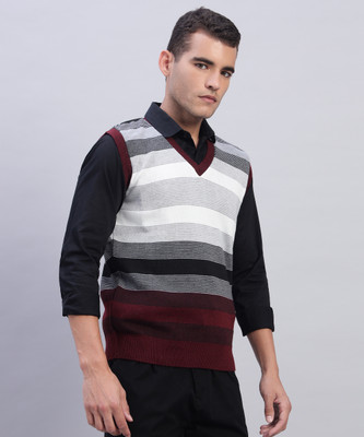MORKEL Striped V Neck Casual Men Maroon Sweater