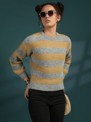 CHKOKKO Striped, Self Design Round Neck Casual Women Grey Sweater