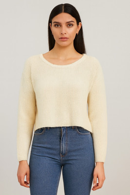 Nobarr Solid Round Neck Casual Women White Sweater