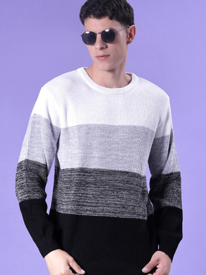 V-MART Striped Round Neck Casual Men Grey Sweater