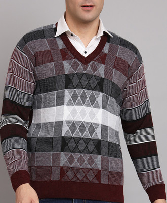 eWools Self Design V Neck Casual Men Maroon Sweater