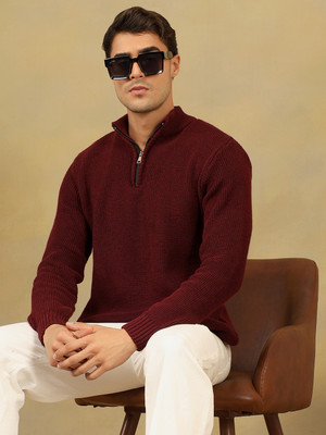 KVETOO Self Design Collared Neck Casual Men Maroon Sweater