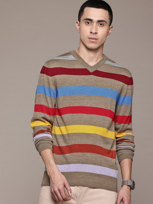 Roadster Striped V Neck Casual Men Brown Sweater