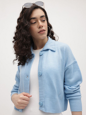 Roadster Solid Collared Neck Casual Women Blue Sweater