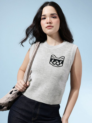 Glitchez Printed Round Neck Casual Women Grey Sweater