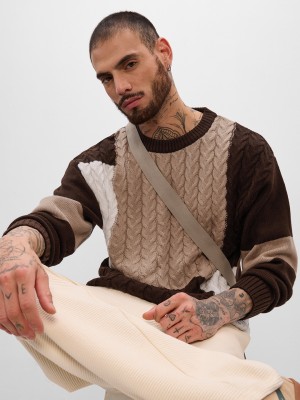 The Souled Store Colorblock, Woven Round Neck Casual Men Brown Sweater