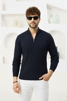 Pivl Striped High Neck Casual Men Dark Blue Sweater