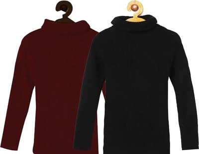 100LUCK Solid High Neck Casual Boys & Girls Black, Maroon Sweater