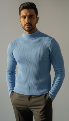 PEAK MOUNT Solid High Neck Casual Men Light Blue Sweater