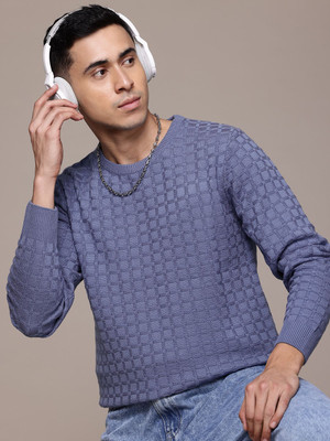 Roadster Self Design Round Neck Casual Men Blue Sweater
