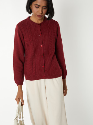 MAX Self Design Round Neck Casual Women Red Sweater