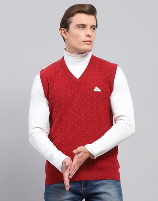 MONTE CARLO Self Design V Neck Casual Men Red Sweater