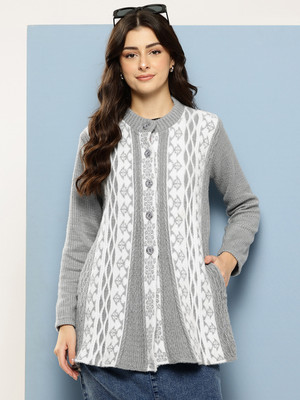 MUHURATAM Self Design Collared Neck Casual Women Grey Sweater