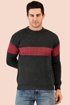 FUKUSO Striped Crew Neck Casual Men Grey Sweater