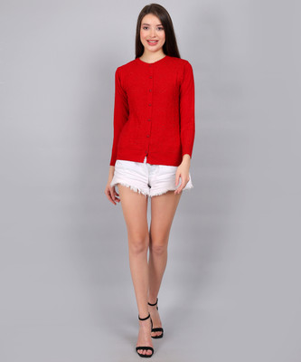 YOUTH ROBE Solid Round Neck Casual Women Red Sweater