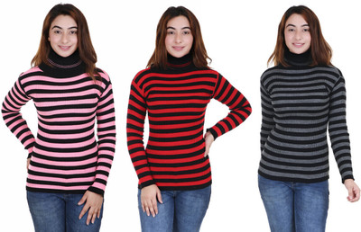 100LUCK Striped High Neck Casual Women Multicolor Sweater