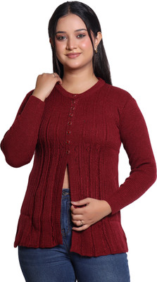 Varenyam Self Design Round Neck Casual Women Maroon Sweater